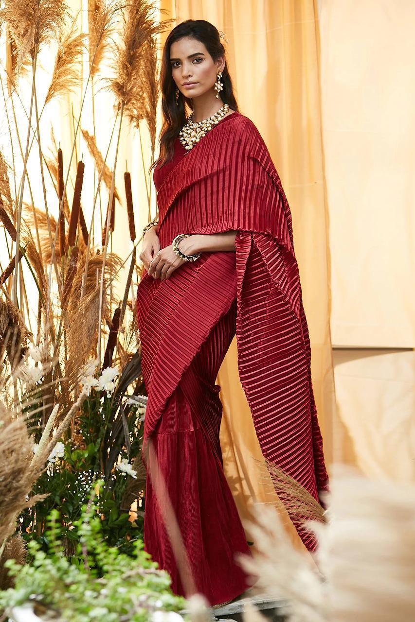 Buy Red Rich Pleated Fabric Round Pre-draped Saree With Blouse For Women by  Tasuvure Indes Online at Aza Fashions.